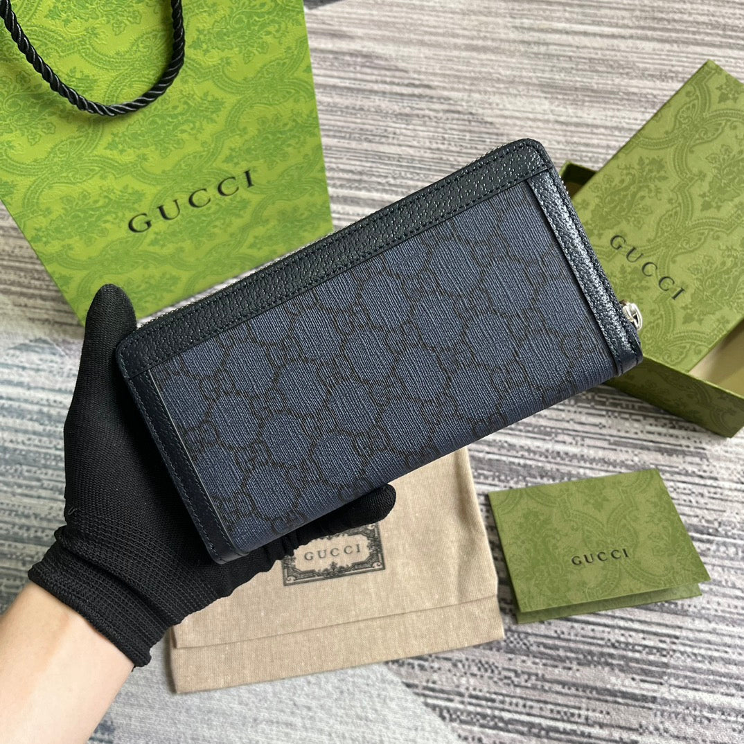 Gucci Ophidia 19 Zip Around Wallet Dark Blue Canvas and Black Calfskin