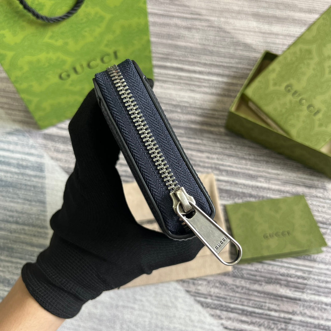 Gucci Ophidia 19 Zip Around Wallet Dark Blue Canvas and Black Calfskin