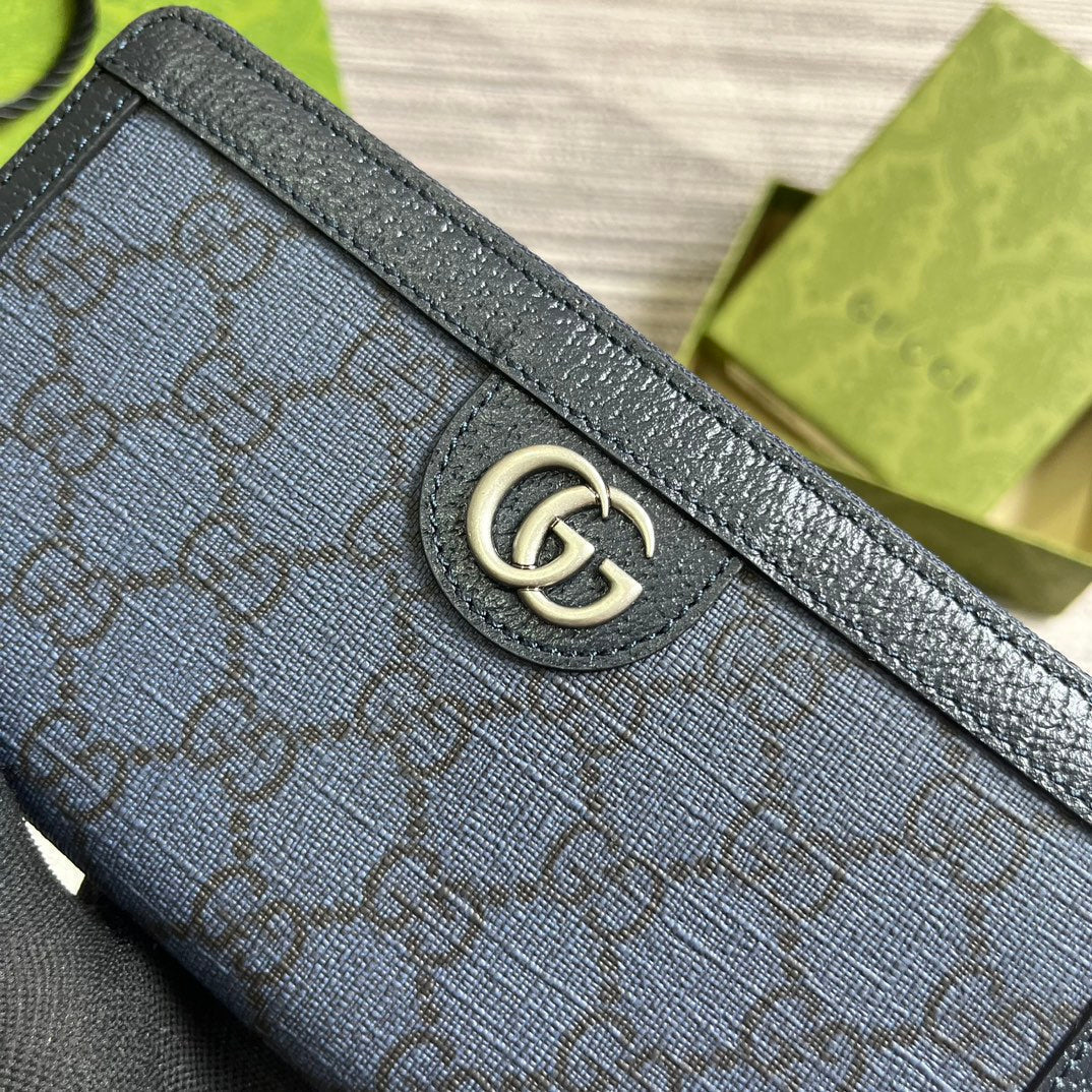 Gucci Ophidia 19 Zip Around Wallet Dark Blue Canvas and Black Calfskin