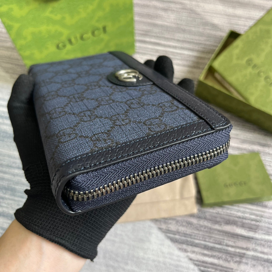 Gucci Ophidia 19 Zip Around Wallet Dark Blue Canvas and Black Calfskin