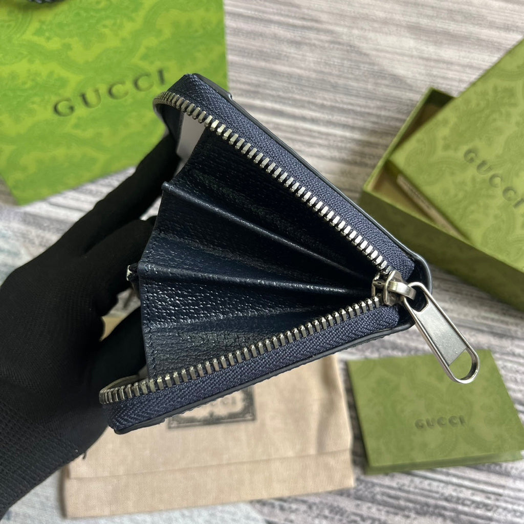 Gucci Ophidia 19 Zip Around Wallet Dark Blue Canvas and Black Calfskin