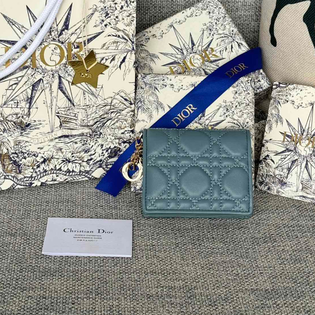 Dior Mini Lady Gardenia Wallet 11 in Slate Grey Quilted Calfskin