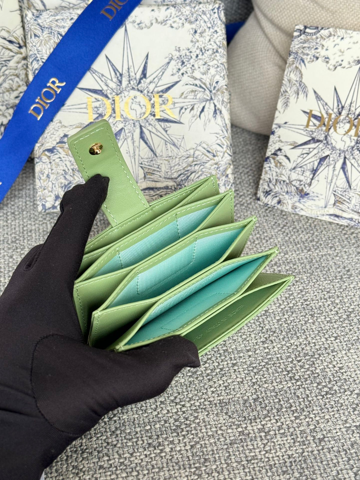 Dior Lady Jasmine Card Holder 10 in Light Green Quilted Patent Calfskin