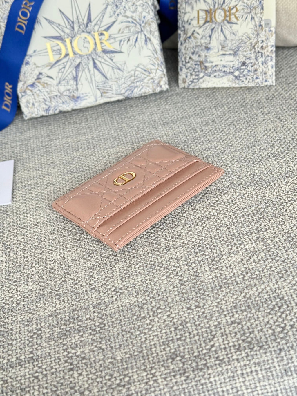 Dior Caro Freesia Card Holder 10 in Baby Pink Cannage Calfskin