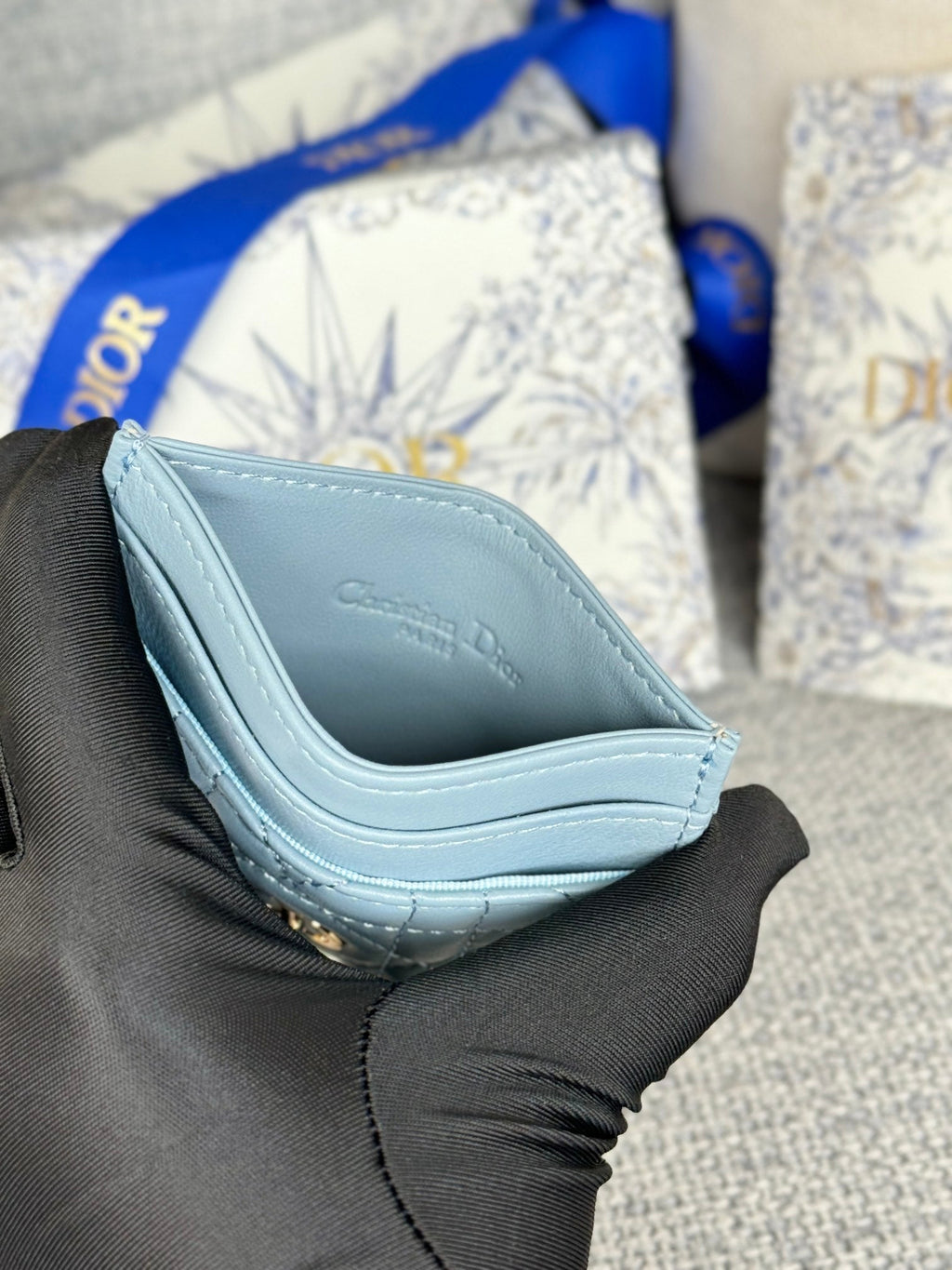 Dior Caro Freesia Card Holder 10 in Baby Blue Cannage Calfskin