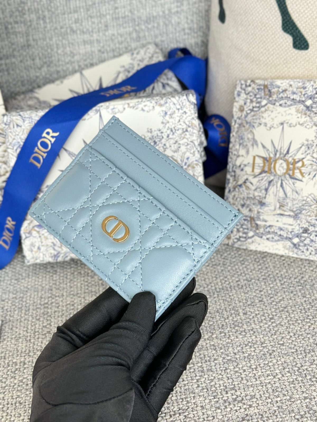 Dior Caro Freesia Card Holder 10 in Baby Blue Cannage Calfskin