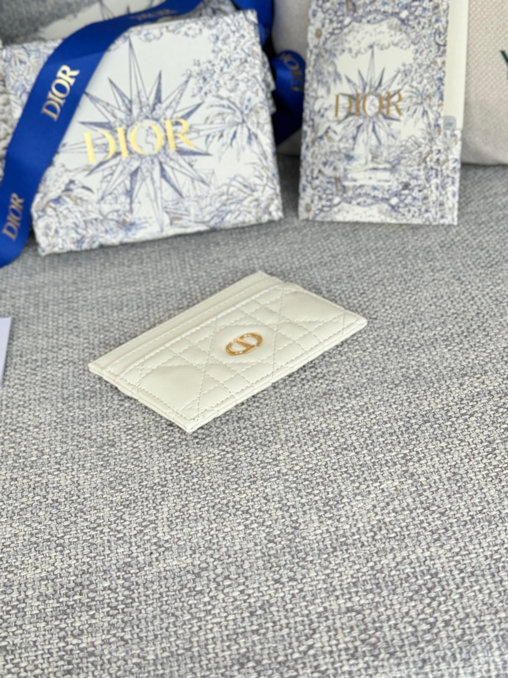 Dior Caro Freesia Card Holder 10 in White Cannage Calfskin