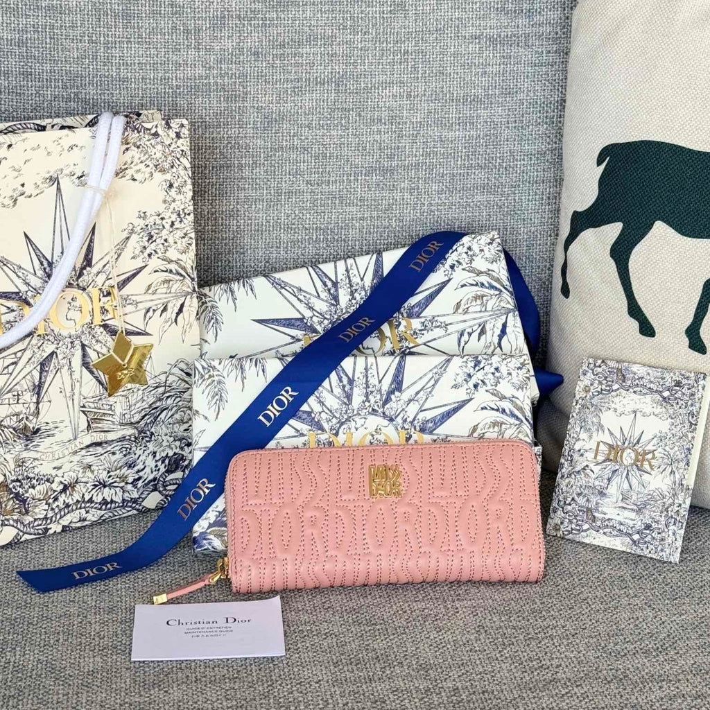 Dior Vertical Long Zip Wallet 20 in Baby Pink Quilted Allover Calfskin