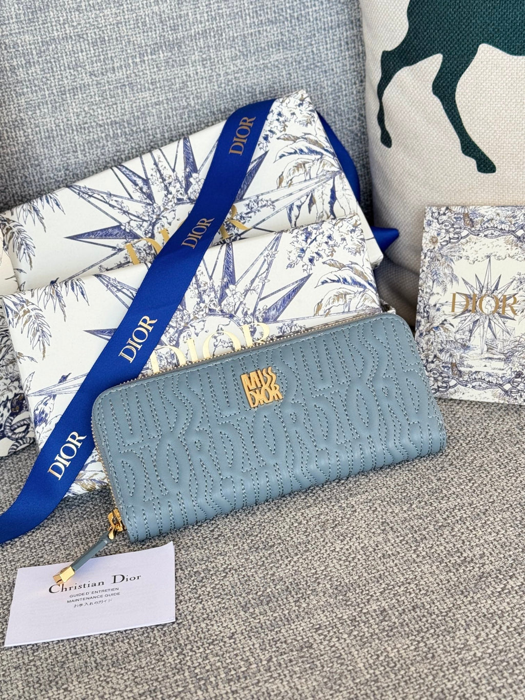 Dior Vertical Long Zip Wallet 20 in Baby Blue Quilted Allover Calfskin