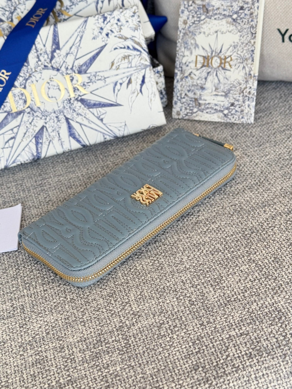 Dior Vertical Long Zip Wallet 20 in Baby Blue Quilted Allover Calfskin