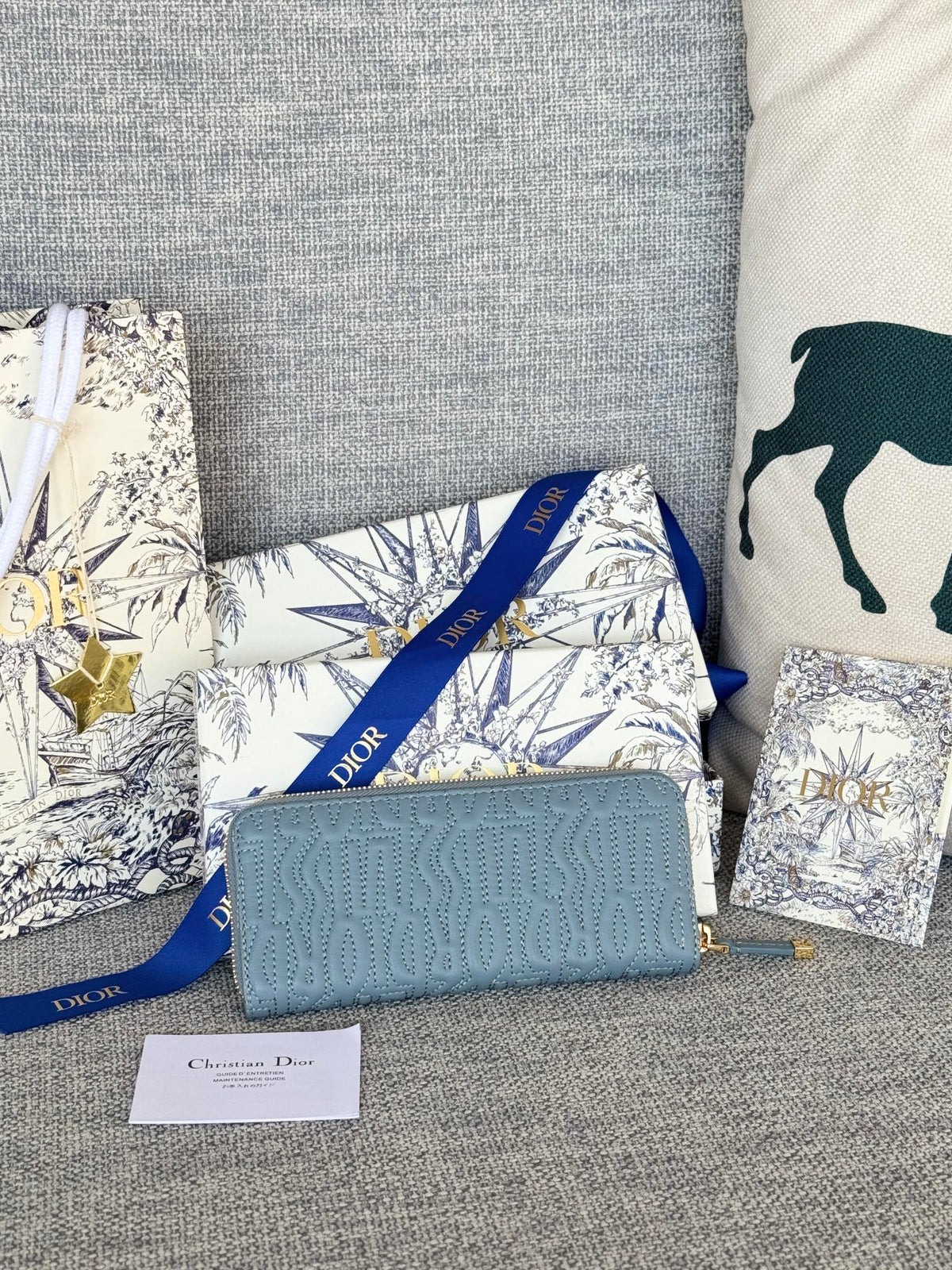 Dior Vertical Long Zip Wallet 20 in Baby Blue Quilted Allover Calfskin