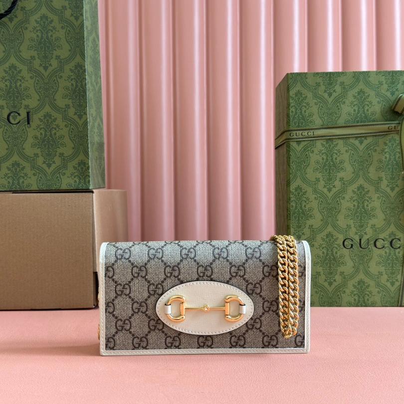 Gucci Horsebit 1955 Wallet in Beige Ebony Canvas Mix White Calfskin Gold Chain