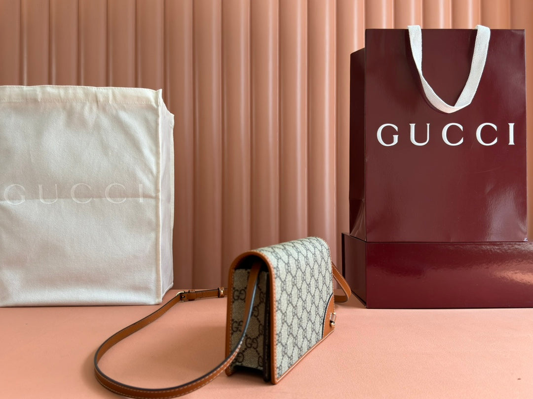 Gucci Emblem Wallet Monogram 20 in Beige and Dark Brown Calfskin