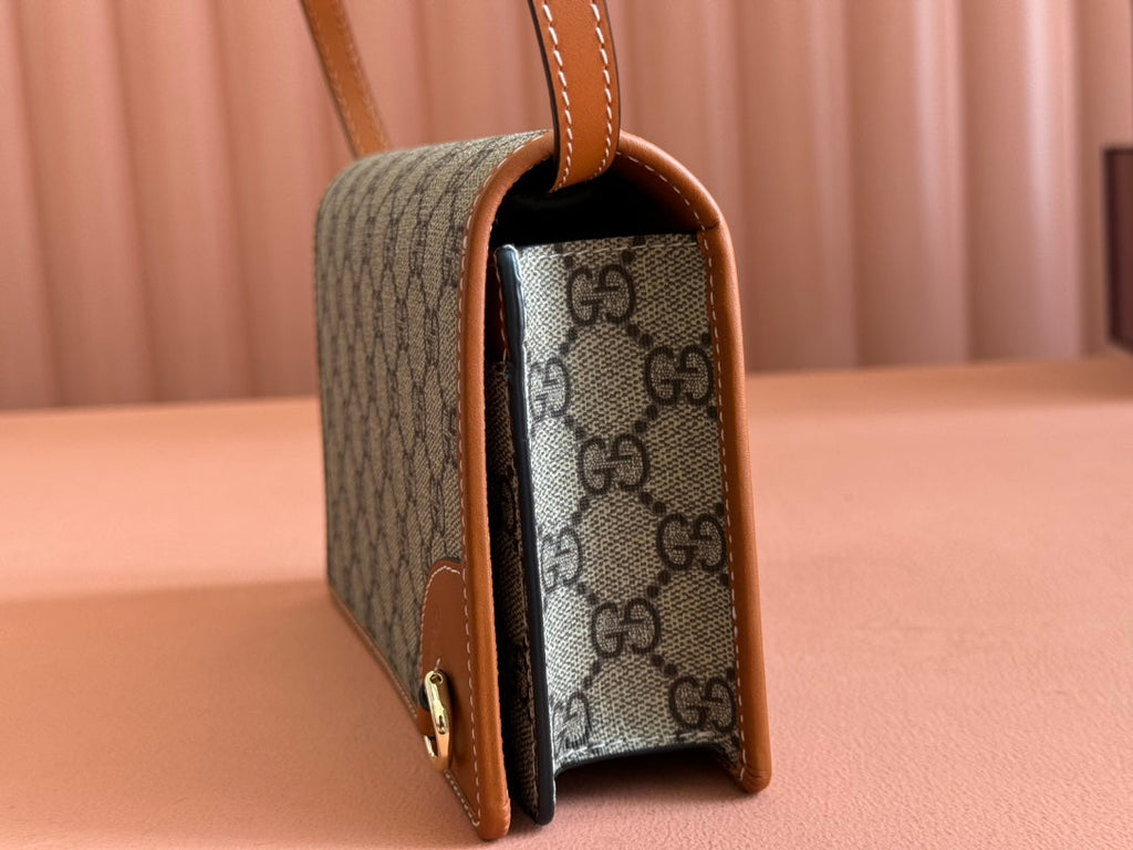 Gucci Emblem Wallet Monogram 20 in Beige and Dark Brown Calfskin