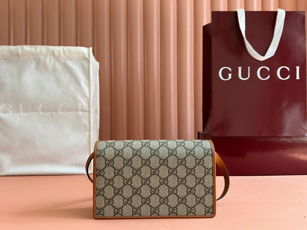 Gucci Emblem Wallet Monogram 20 in Beige and Dark Brown Calfskin