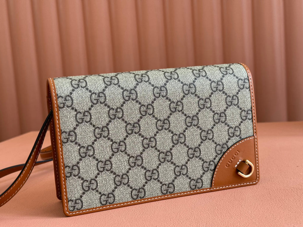 Gucci Emblem Wallet Monogram 20 in Beige and Dark Brown Calfskin