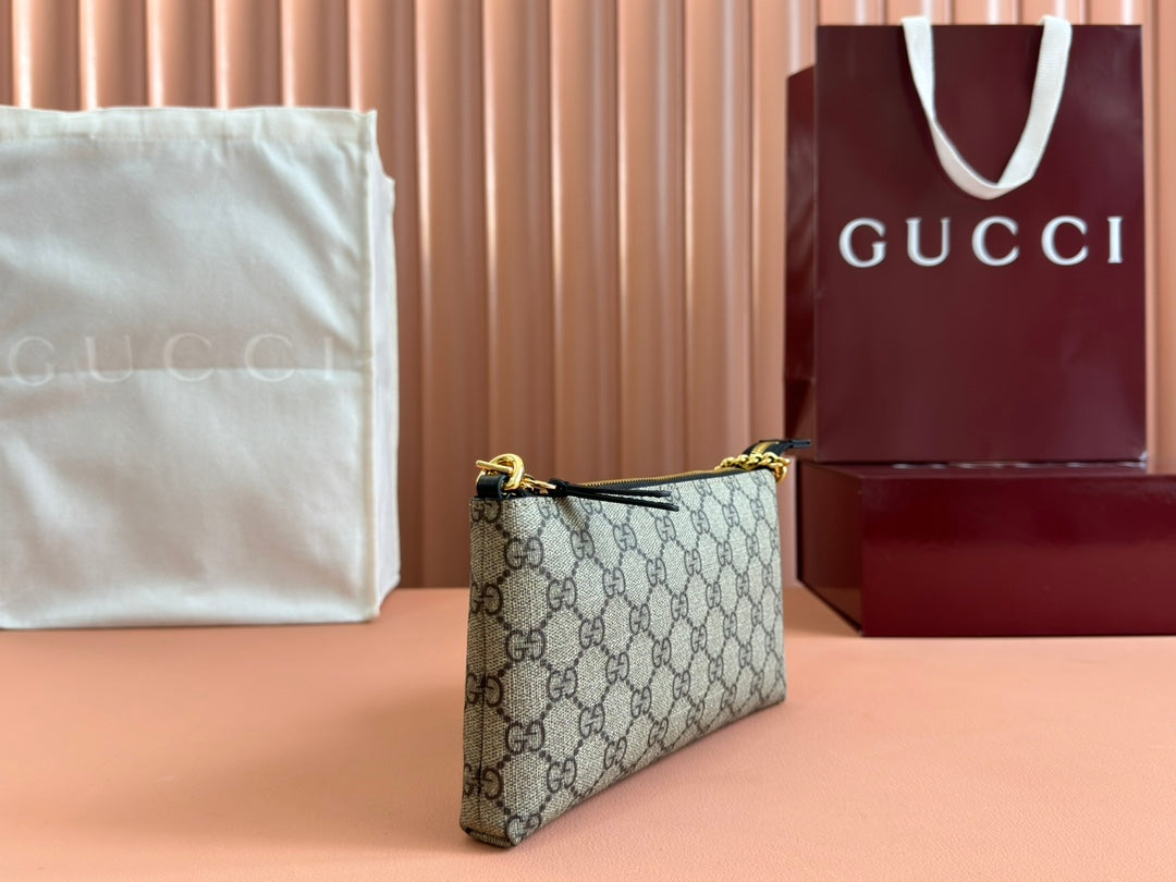 Gucci Rubber Effect Small Wallet On Chain 22.5 in Beige and Dark Brown Calfskin