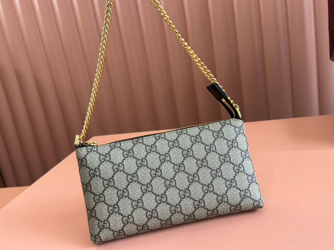 Gucci Rubber Effect Small Wallet On Chain 22.5 in Beige and Dark Brown Calfskin