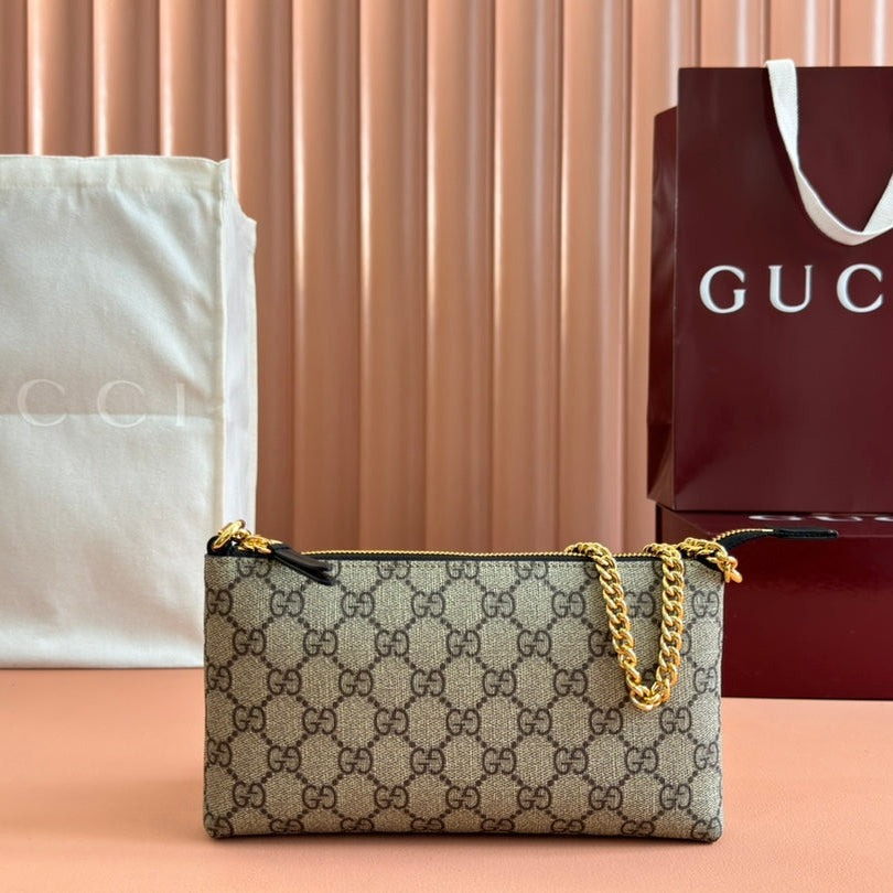 Gucci Rubber Effect Small Wallet On Chain 22.5 in Beige and Dark Brown Calfskin