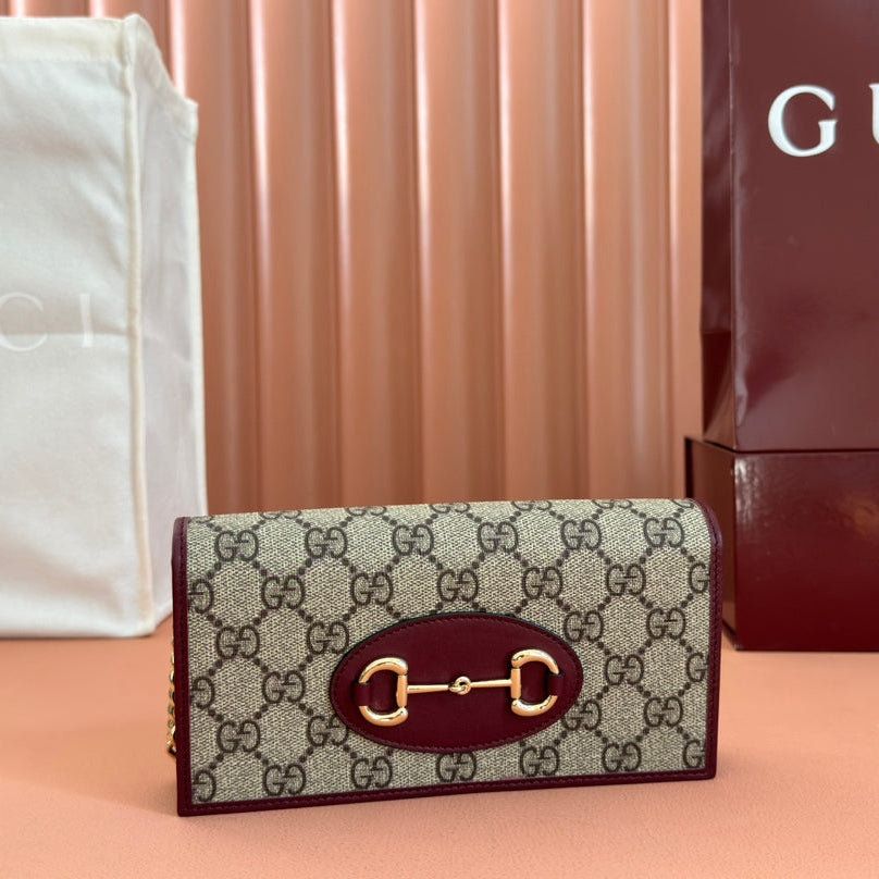 Gucci Horsebit 1955 Wallet On Chain 19 in Beige Dark Brown New and Rosso Ancora Red Calfskin