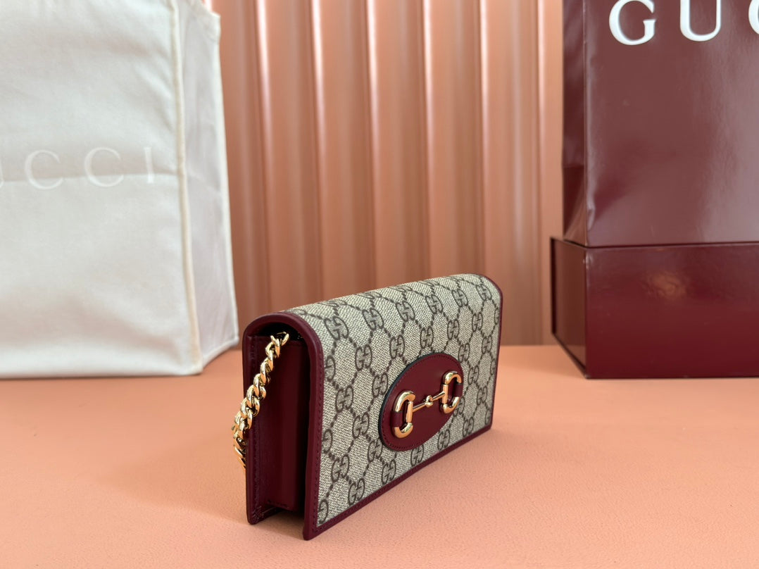 Gucci Horsebit 1955 Wallet On Chain 19 in Beige Dark Brown New and Rosso Ancora Red Calfskin