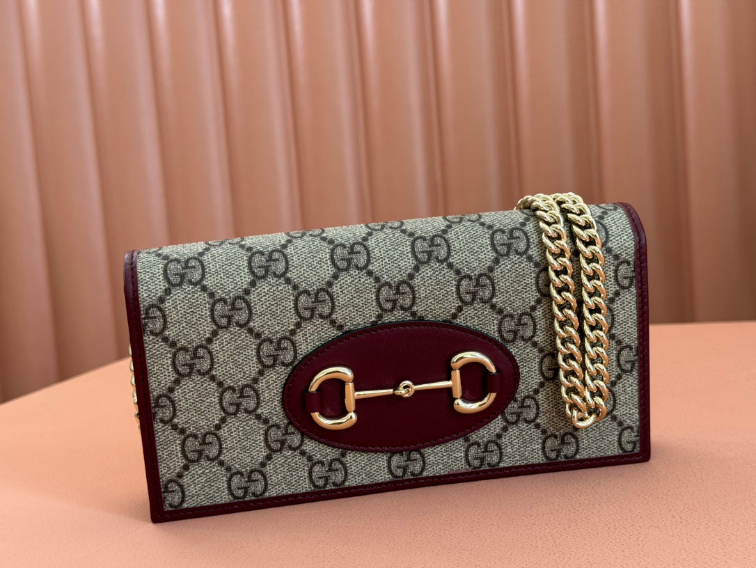 Gucci Horsebit 1955 Wallet On Chain 19 in Beige Dark Brown New and Rosso Ancora Red Calfskin