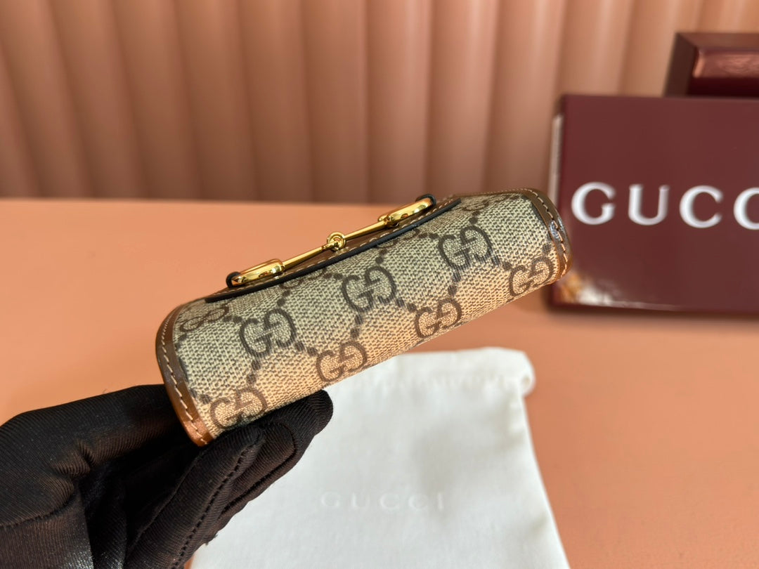 Gucci Horsebit 1955 Card Case Wallet 11.5 in Beige Ebony Canvas Brown Calfskin