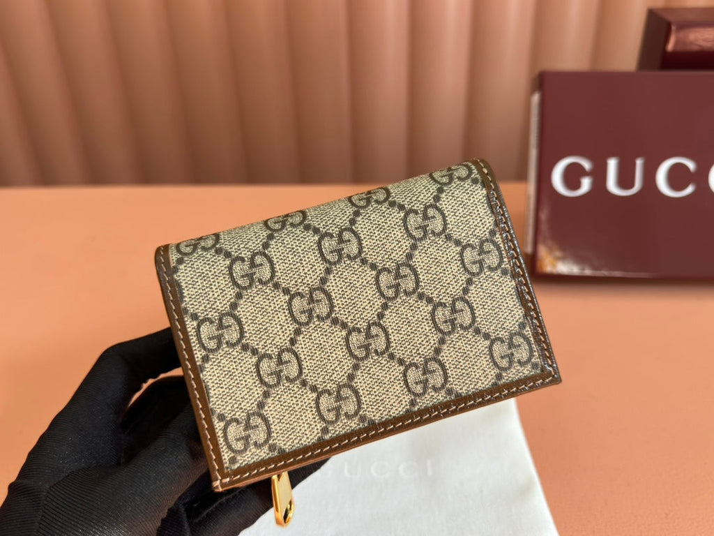 Gucci Horsebit 1955 Card Case Wallet 11.5 in Beige Ebony Canvas Brown Calfskin