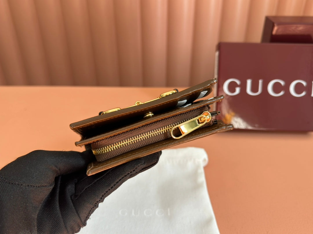 Gucci Horsebit 1955 Card Case Wallet 11.5 in Beige Ebony Canvas Brown Calfskin