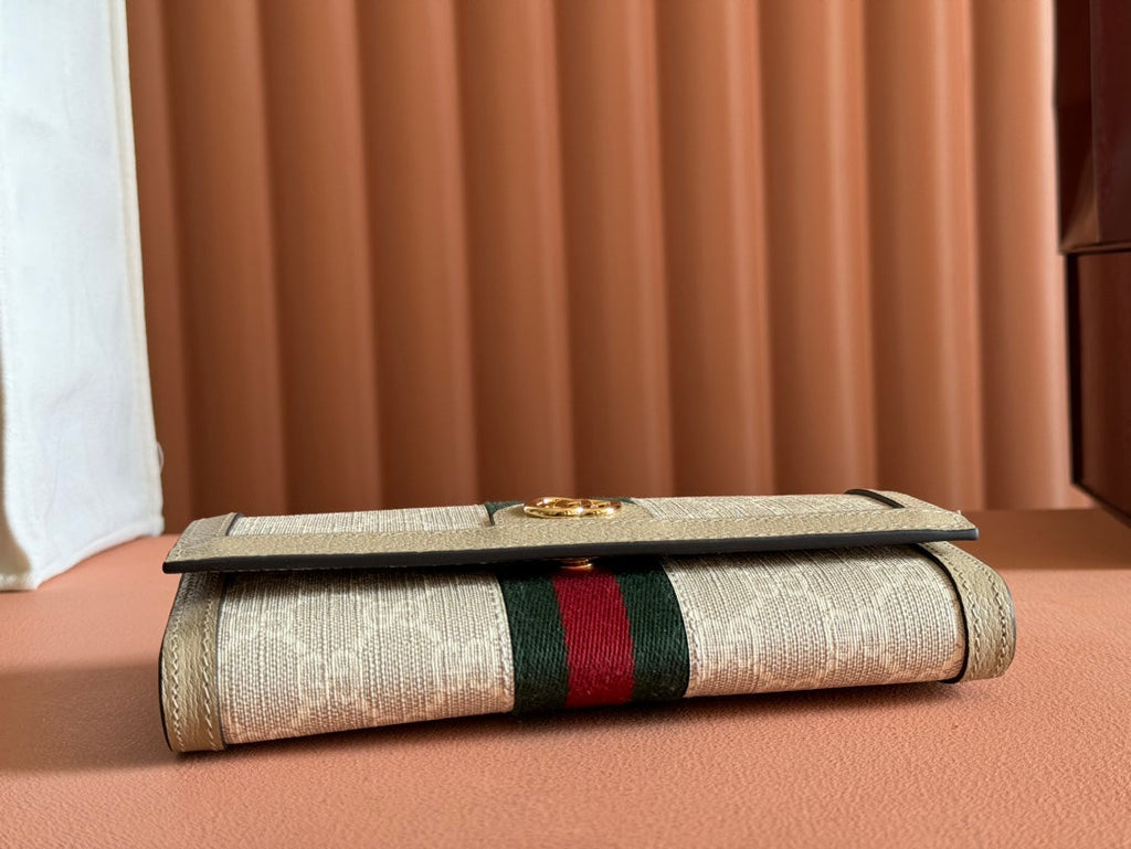 Gucci Ophidia Wallet On Gold Chain 19 in Light Beige Canvas and Light Brown Calfskin