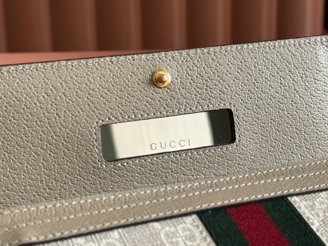 Gucci Ophidia Wallet On Gold Chain 19 in Light Beige Canvas and Light Brown Calfskin