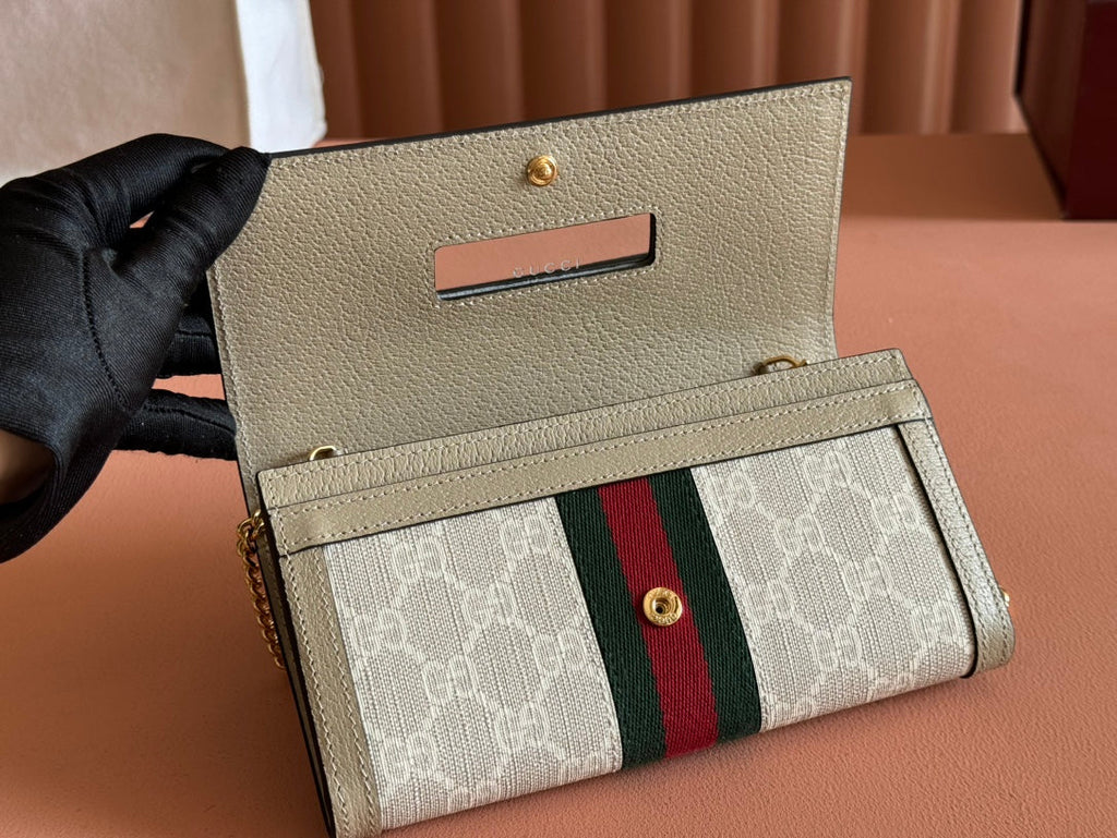 Gucci Ophidia Wallet On Gold Chain 19 in Light Beige Canvas and Light Brown Calfskin