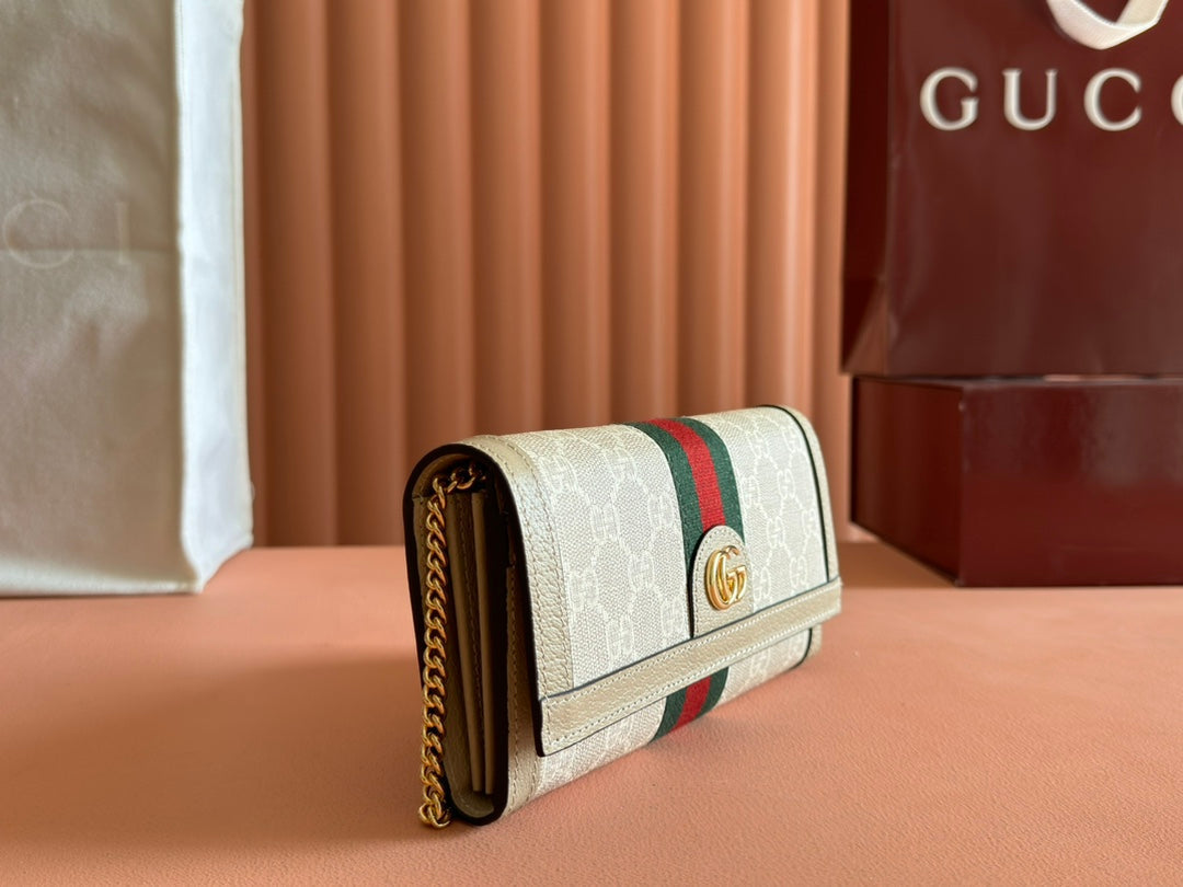 Gucci Ophidia Wallet On Gold Chain 19 in Light Beige Canvas and Light Brown Calfskin