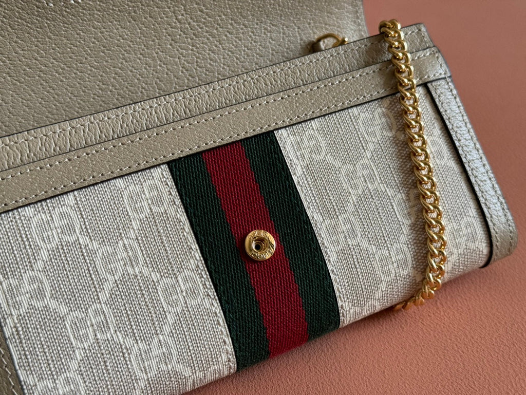 Gucci Ophidia Wallet On Gold Chain 19 in Light Beige Canvas and Light Brown Calfskin