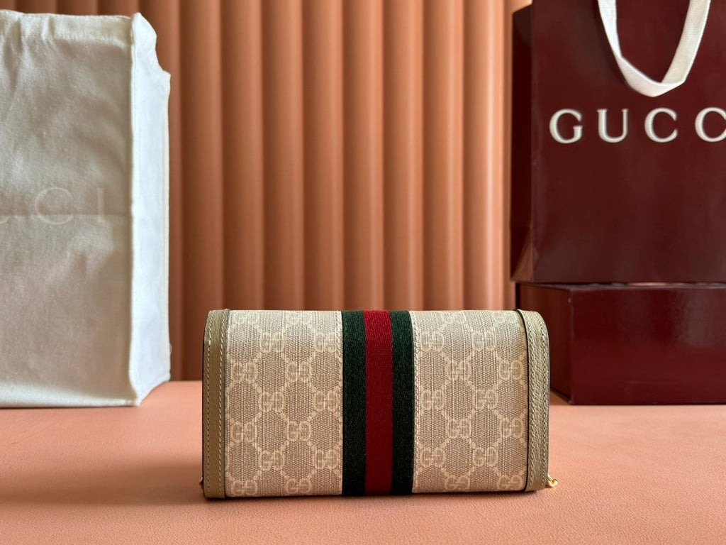 Gucci Ophidia Wallet On Gold Chain 19 in Light Beige Canvas and Light Brown Calfskin