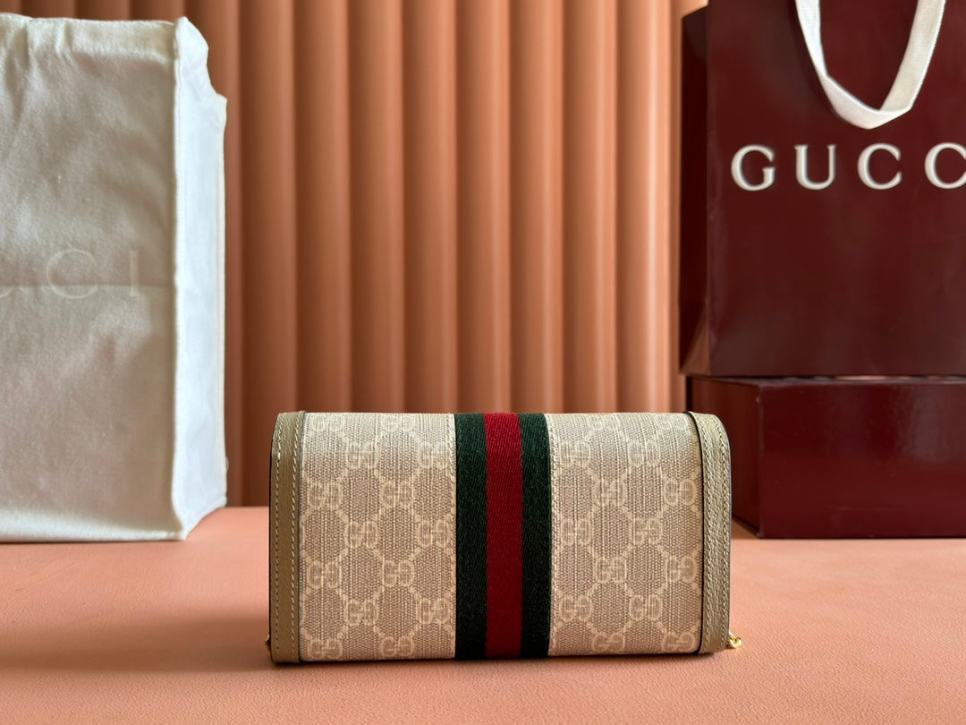 Gucci Ophidia Wallet On Gold Chain 19 in Light Beige Canvas and Light Brown Calfskin