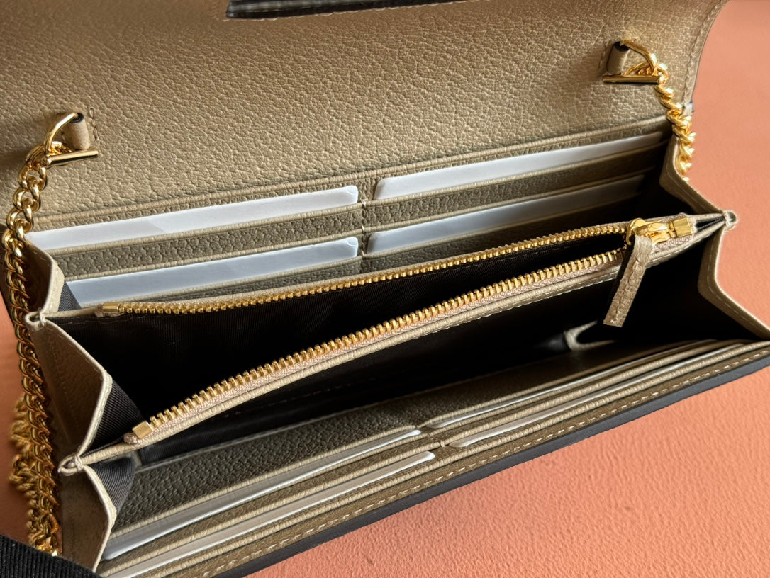 Gucci Ophidia Wallet On Gold Chain 19 in Light Beige Canvas and Light Brown Calfskin
