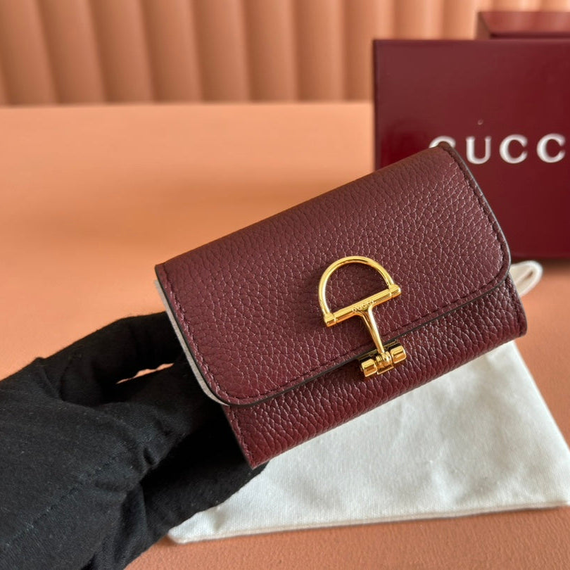 Gucci Softbit Card Case 10.5 in Rosso Ancora Red Grainy Calfskin Gold Hardware