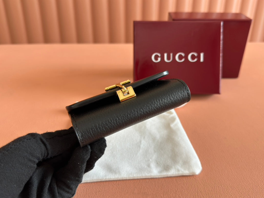 Gucci Softbit Card Case 10.5 in Black Grainy Calfskin Gold Hardware