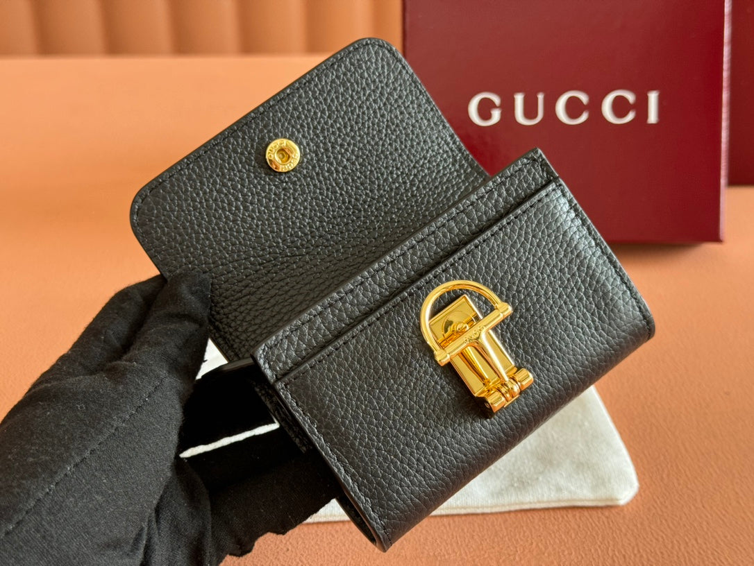 Gucci Softbit Card Case 10.5 in Black Grainy Calfskin Gold Hardware