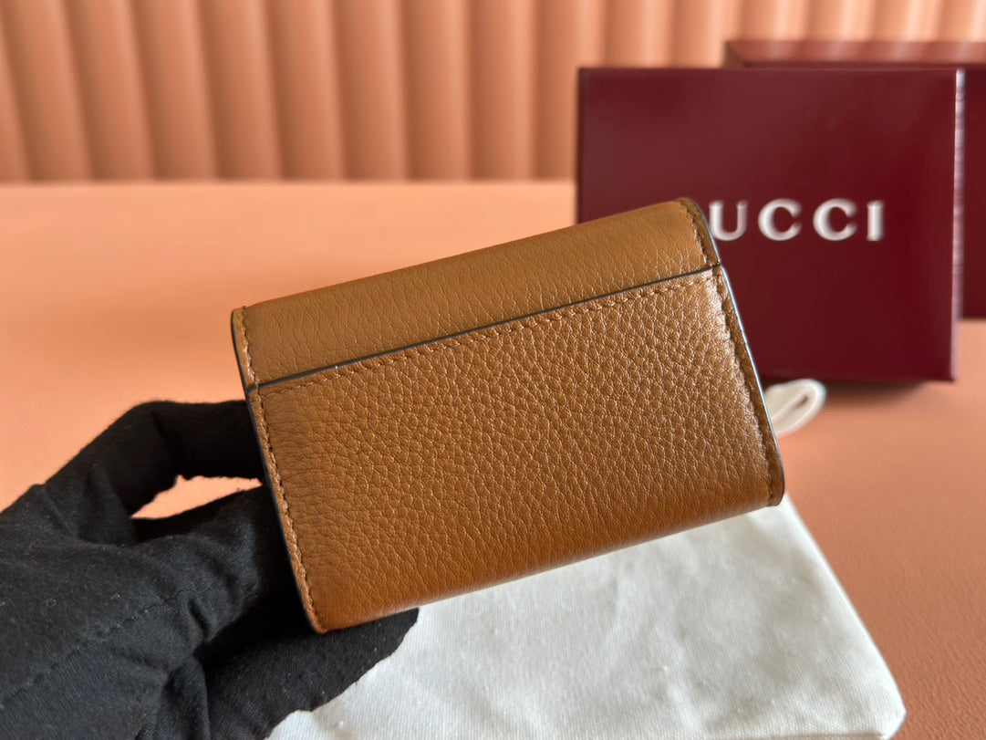 Gucci Softbit Card Case 10.5 in Brown Grainy Calfskin Gold Hardware