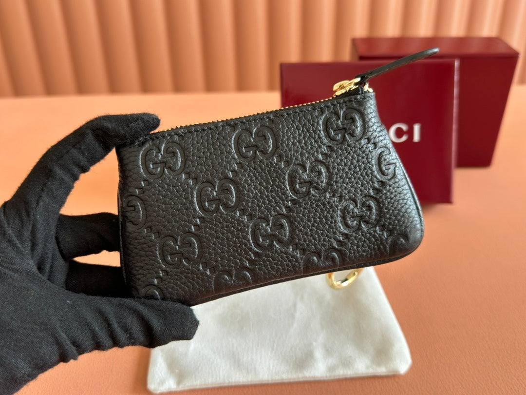 Gucci Emblem Zip Key Case 12 in Black Grainy Calfskin