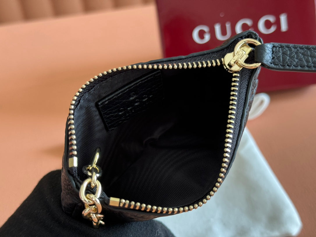 Gucci Emblem Zip Key Case 12 in Black Grainy Calfskin