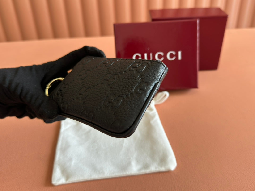 Gucci Emblem Zip Key Case 12 in Black Grainy Calfskin
