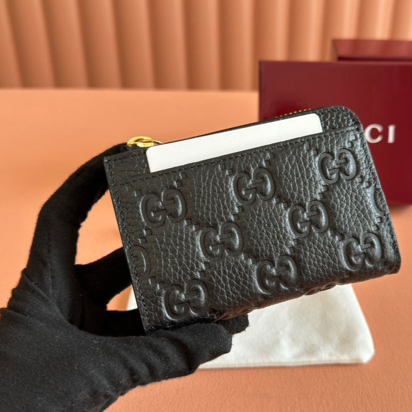 Gucci Emblem Zip Card Case 13 in Black Grainy Calfskin