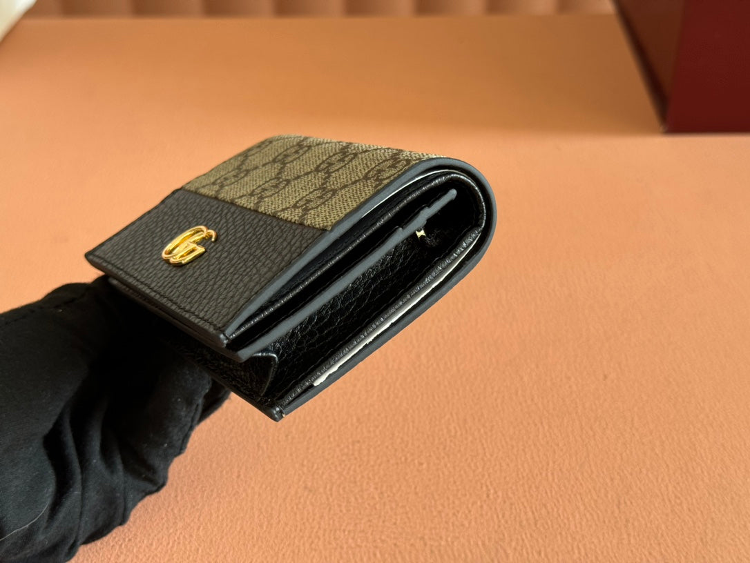 Gucci Marmont Bi-Colour Card Case Wallet 11 in Beige Ebony Canvas Black Calfskin