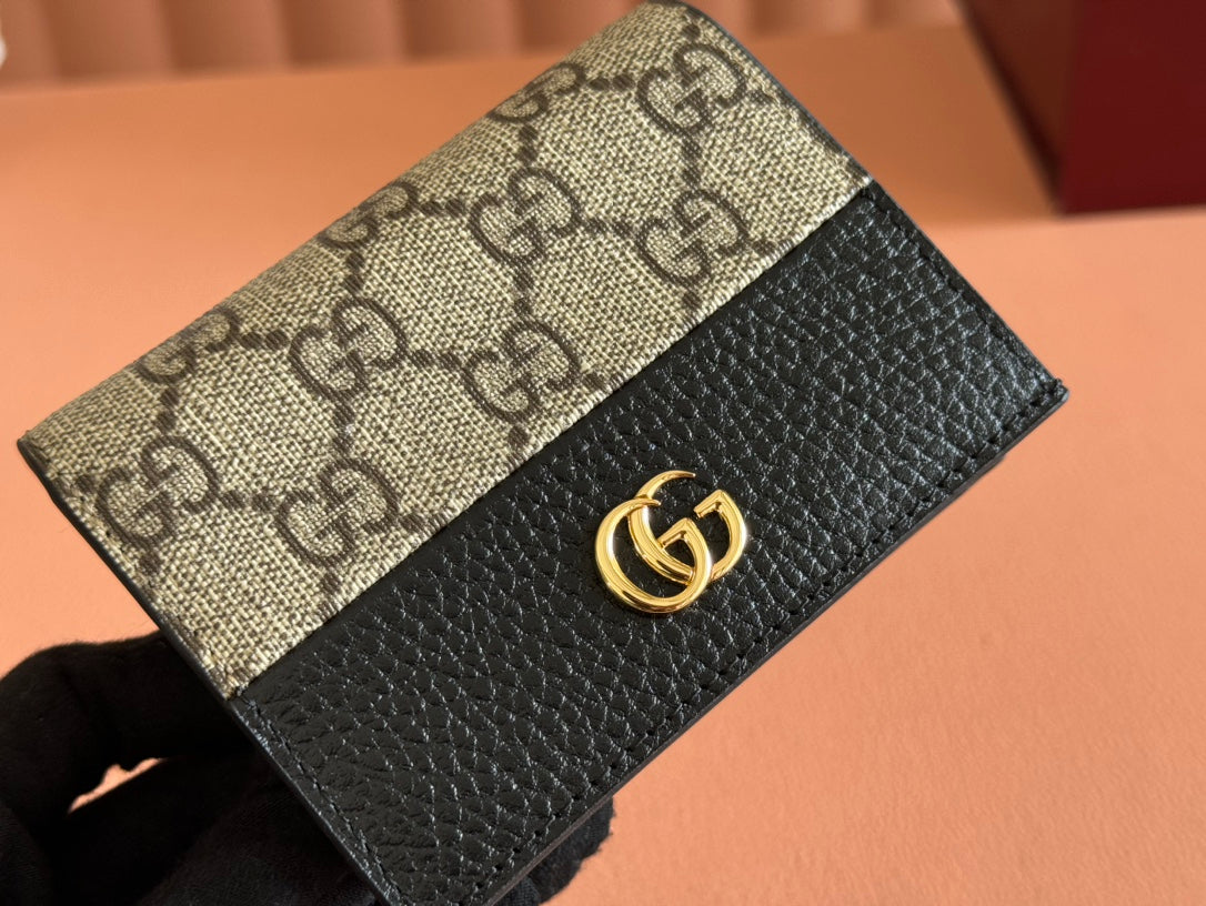 Gucci Marmont Bi-Colour Card Case Wallet 11 in Beige Ebony Canvas Black Calfskin