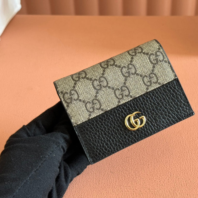Gucci Marmont Bi-Colour Card Case Wallet 11 in Beige Ebony Canvas Black Calfskin