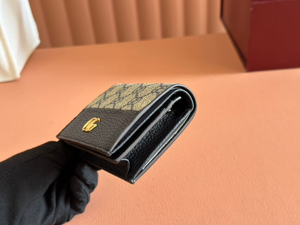 Gucci Marmont Bi-Colour Card Case Wallet 11 in Blue Beige Ebony Canvas Black Calfskin