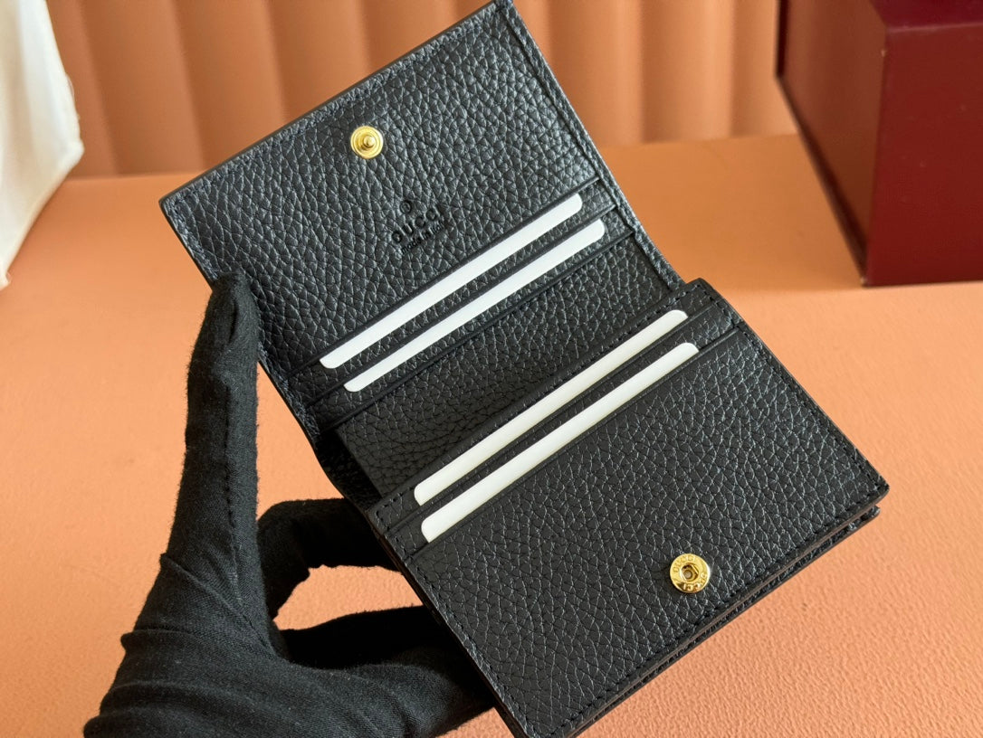 Gucci Marmont Bi-Colour Card Case Wallet 11 in Blue Beige Ebony Canvas Black Calfskin